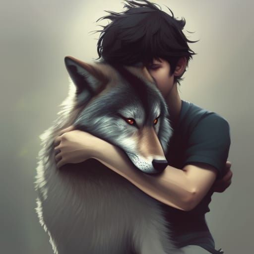 Boy hugging wolf