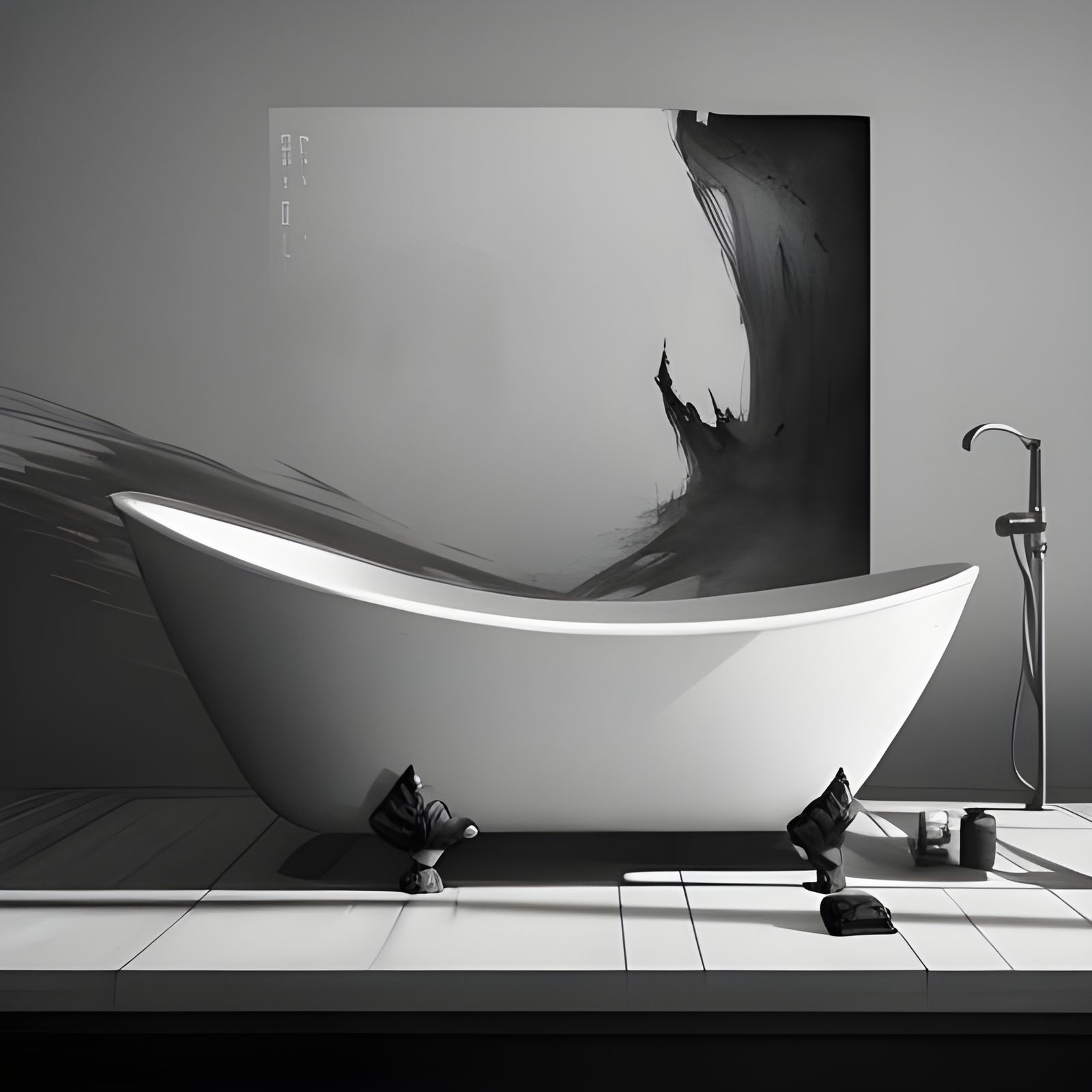 Modern Bathtub in Chinese Ink Wash Painting