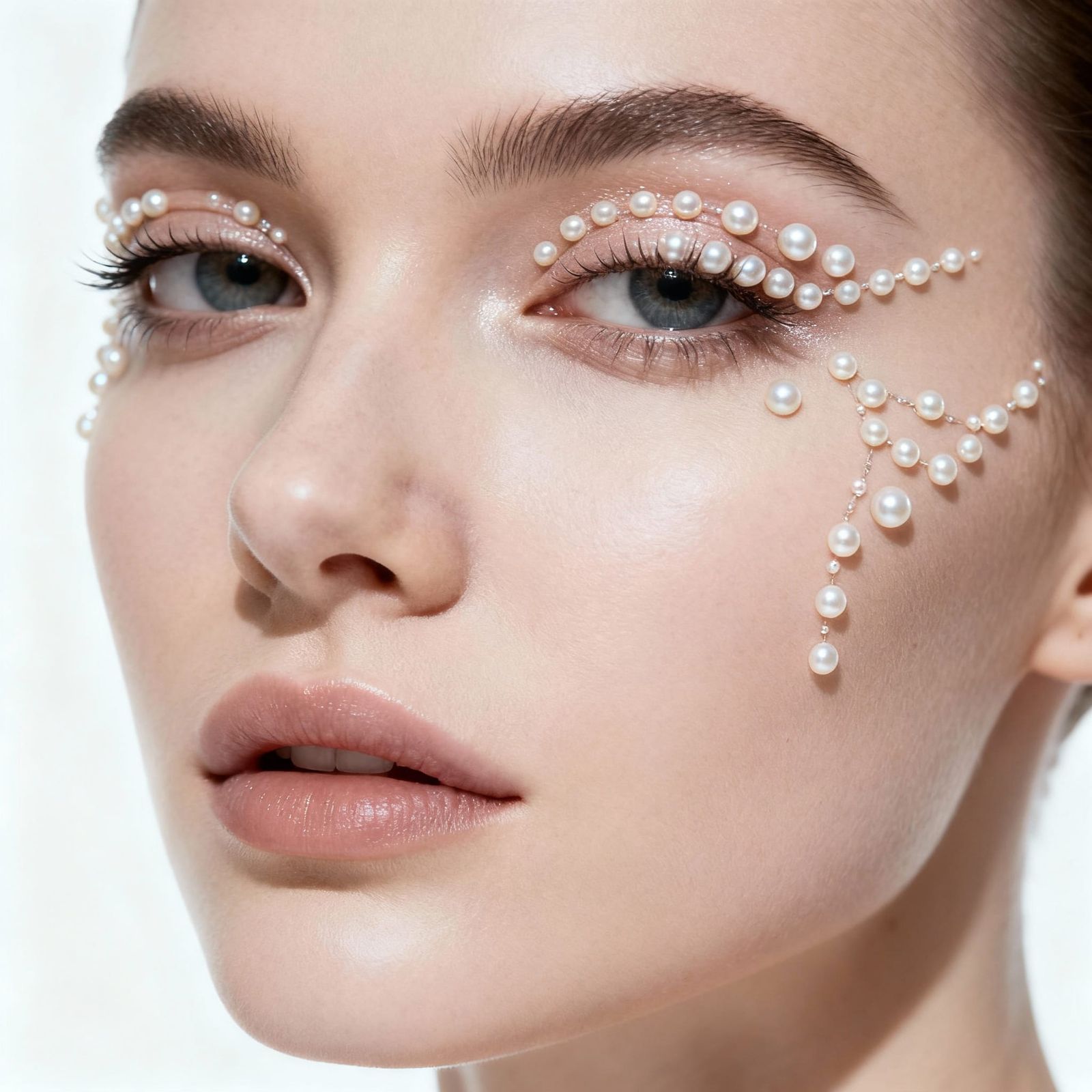 Extreme Close-Up of Woman's Face with Pearl Eye Makeup