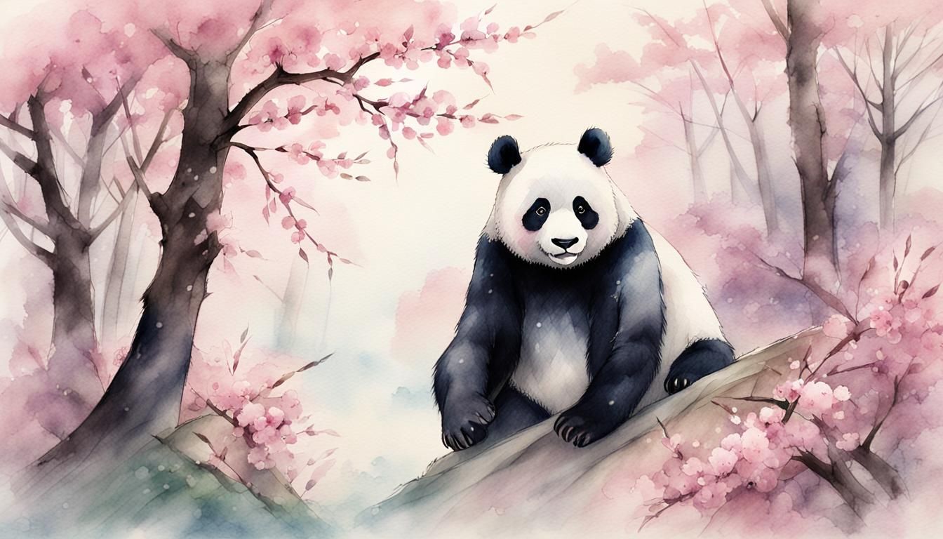 Ethereal Panda in Cherry Blossom Forest