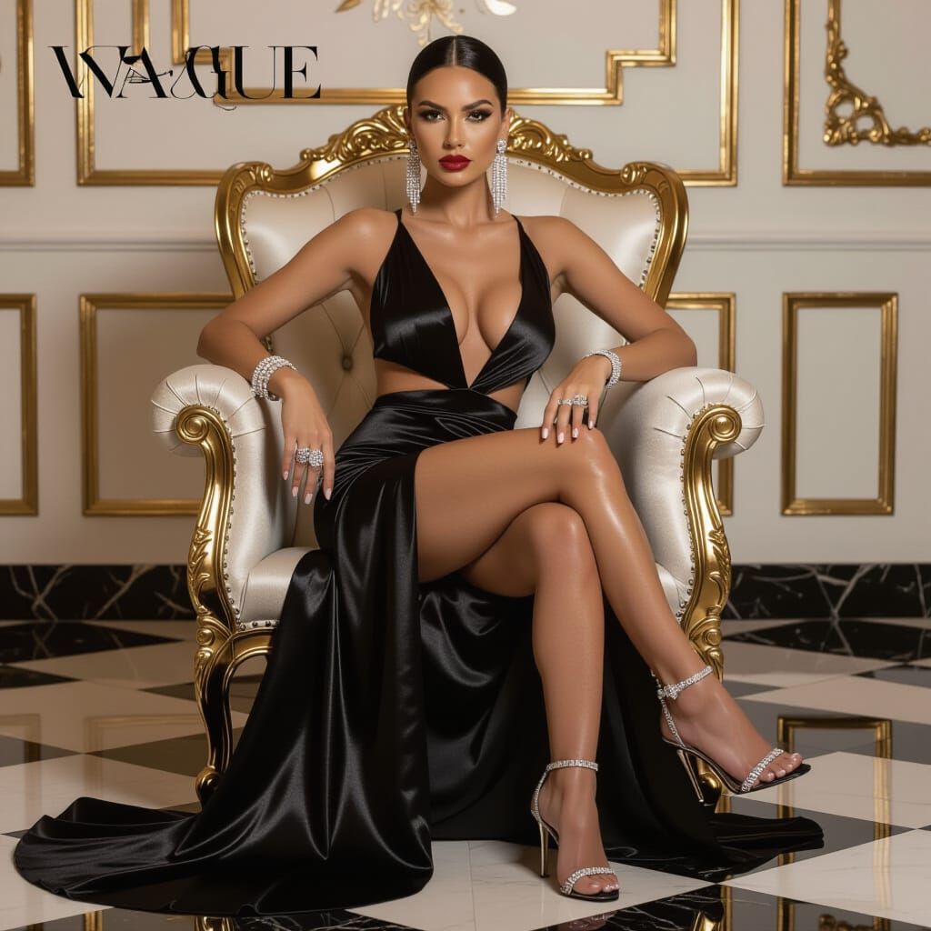 Elegant Woman in Silky Black Gown on Gold Armchair