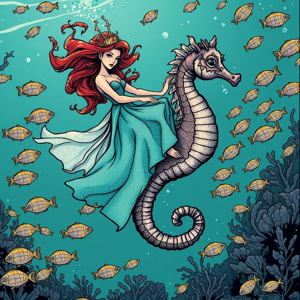 Underwater Fairy Riding Seahorse in Stipple Comic Art