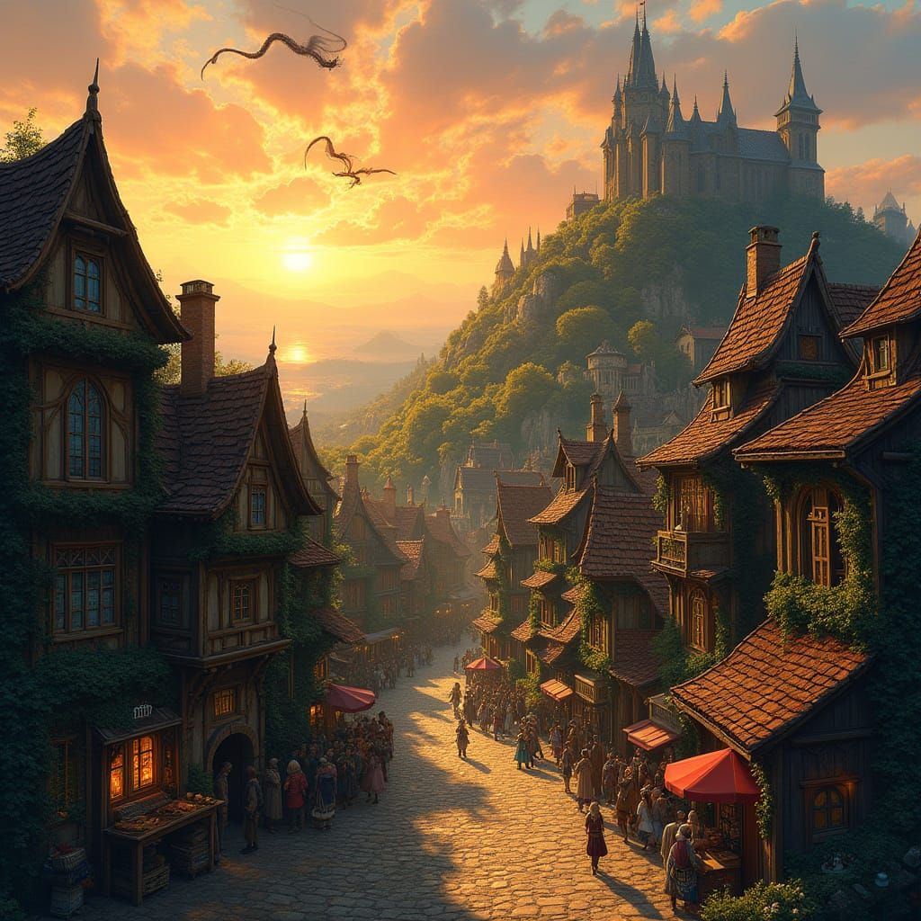 Medieval Fantasy City at Sunset, Bathed in Warm Golden Light