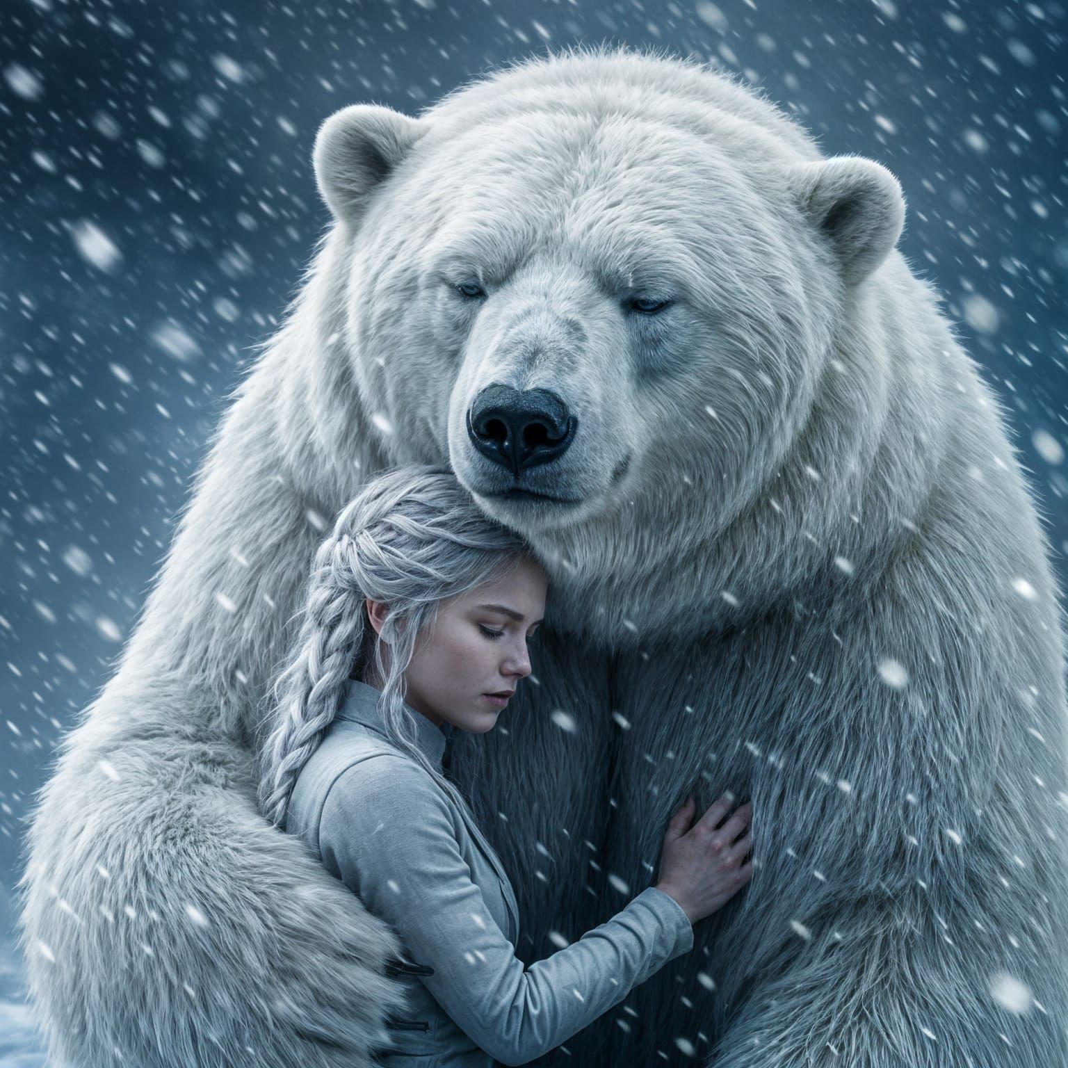 Lyra and Lorek's Heartfelt Embrace in Snowstorm