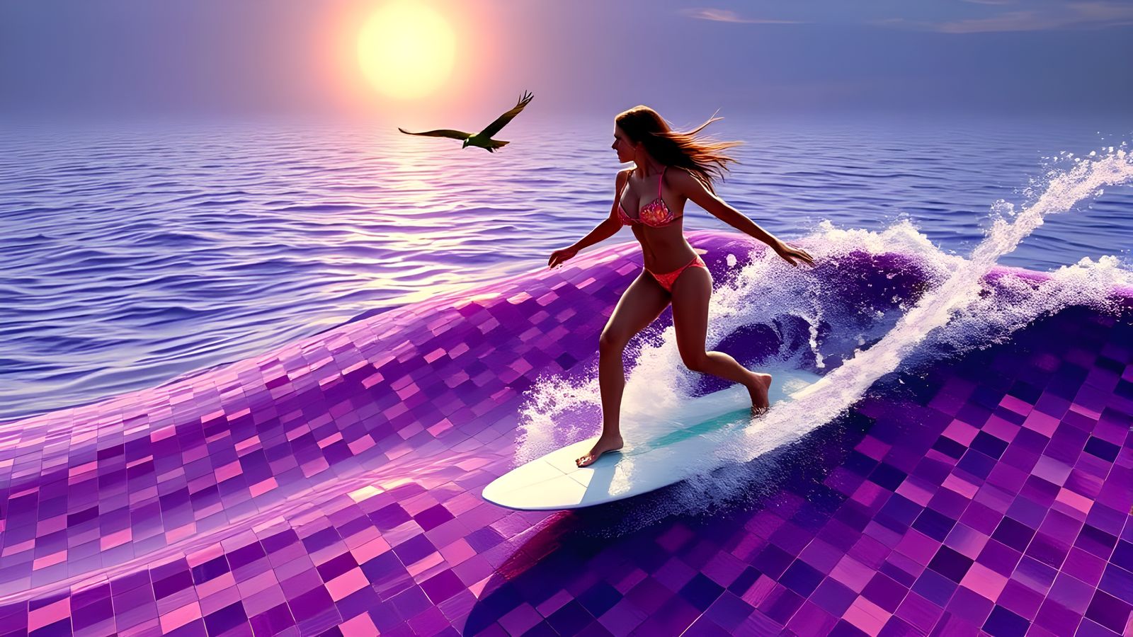 Serene Purple Ocean Goddess Rides the Calm