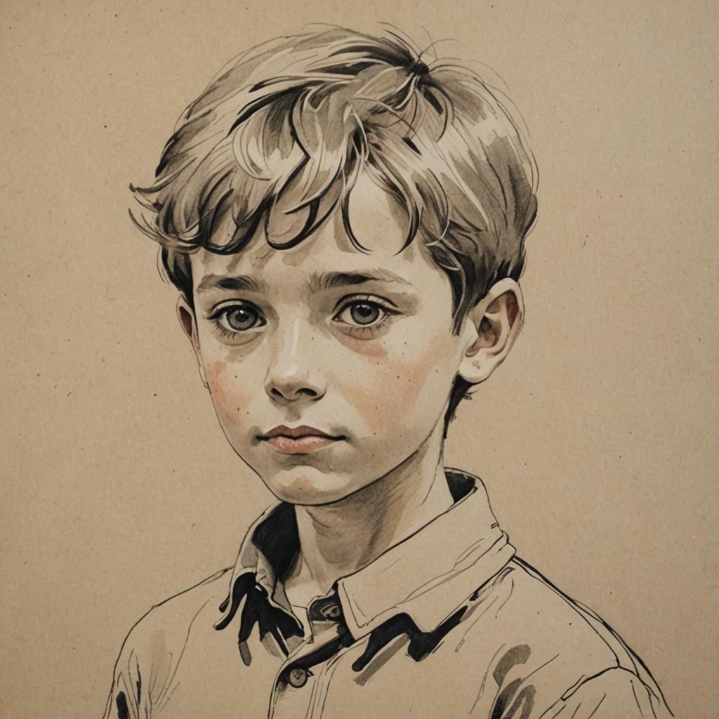 Boy Drawing in Style of Mid-Century Illustration