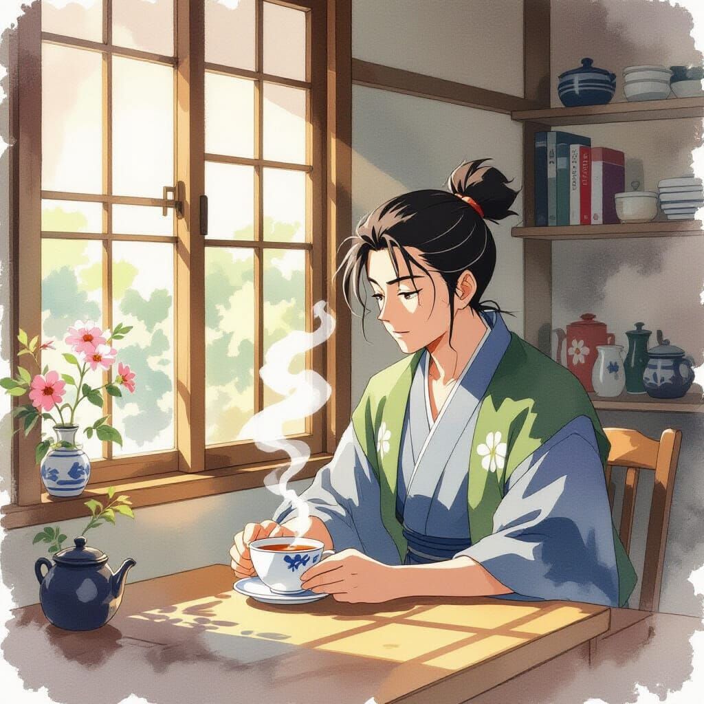 Senjuro Prepares Tea for Kyojuro in Soft Painterly Style