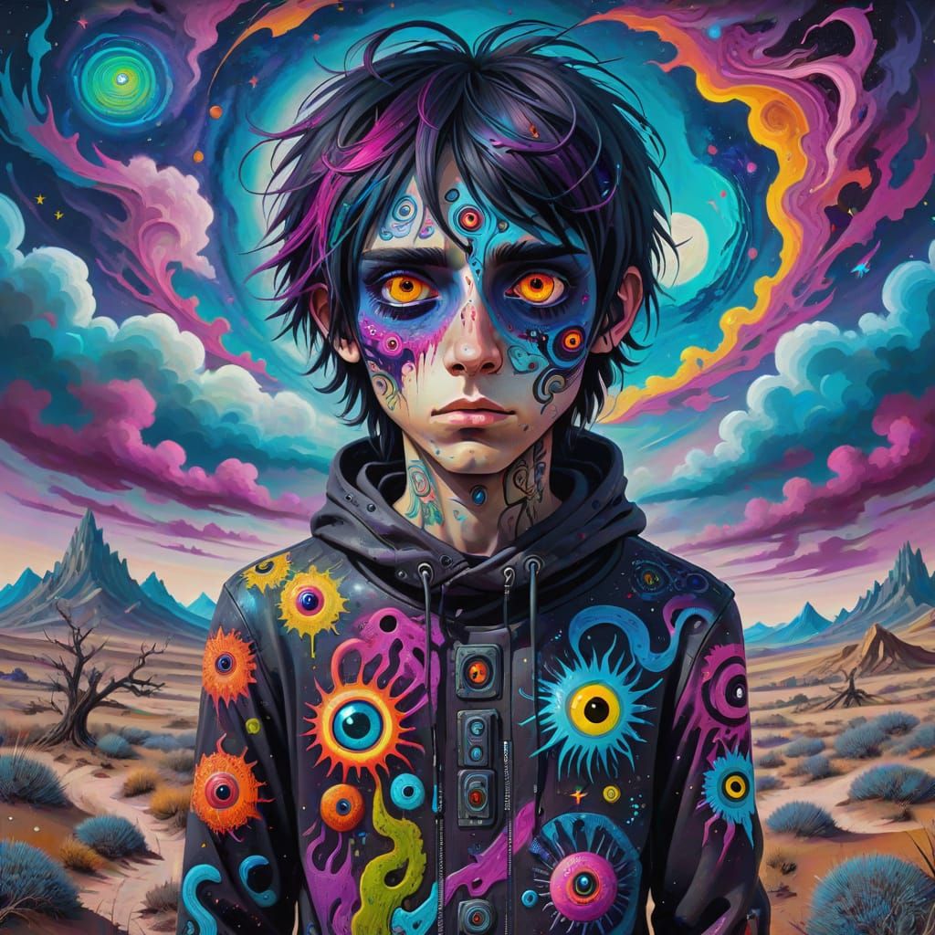 Surreal Emo Figure in Dreamlike Landscape Oil Painting