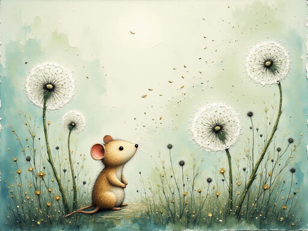 Mouse Peeking Through Dandelions in Watercolour