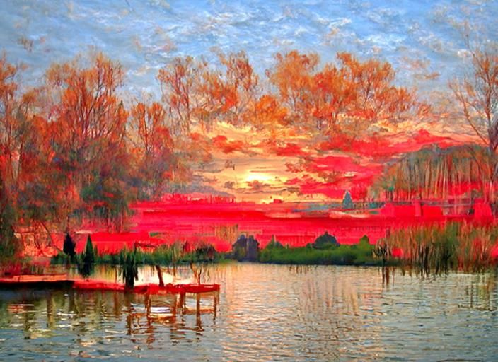 Sunset Lake Landscape in Impressionist Style