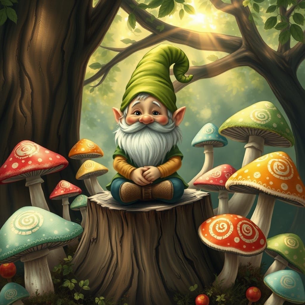 Whimsical Dwarf Surrounded by Fantastical Mushrooms in Encha...