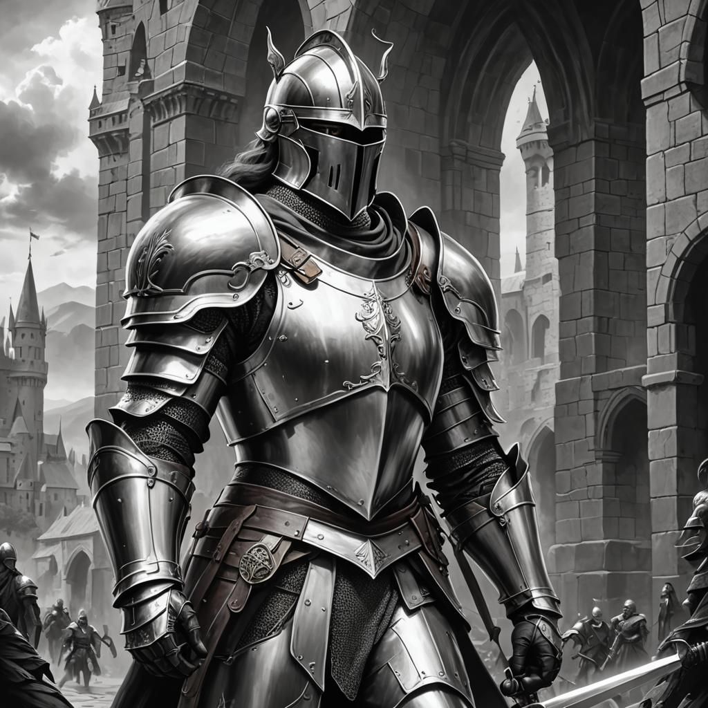 Monochrome Knight in Epic Fantasy Charcoal Drawing