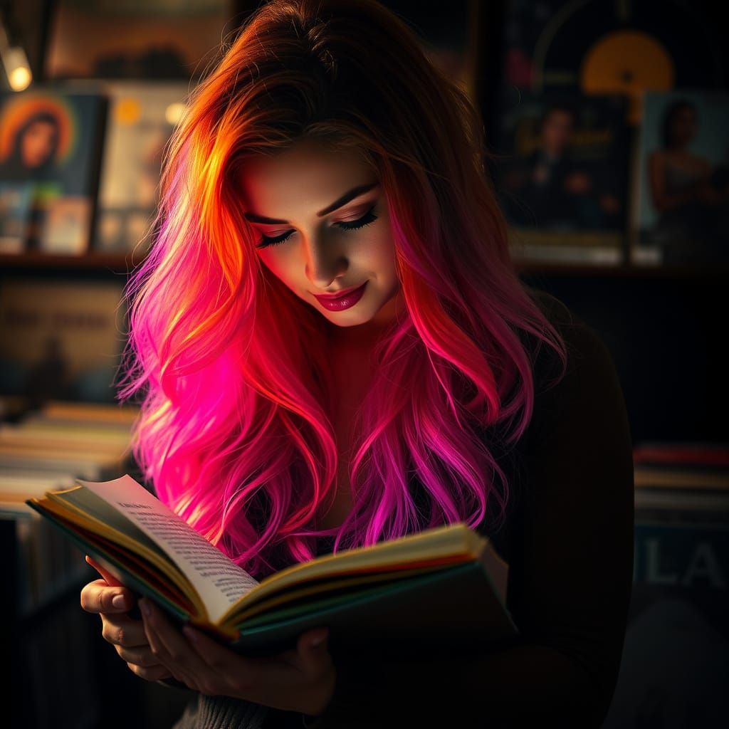 Vibrant Rainbow Haired Woman Reads in a Mysterious Record Sh...