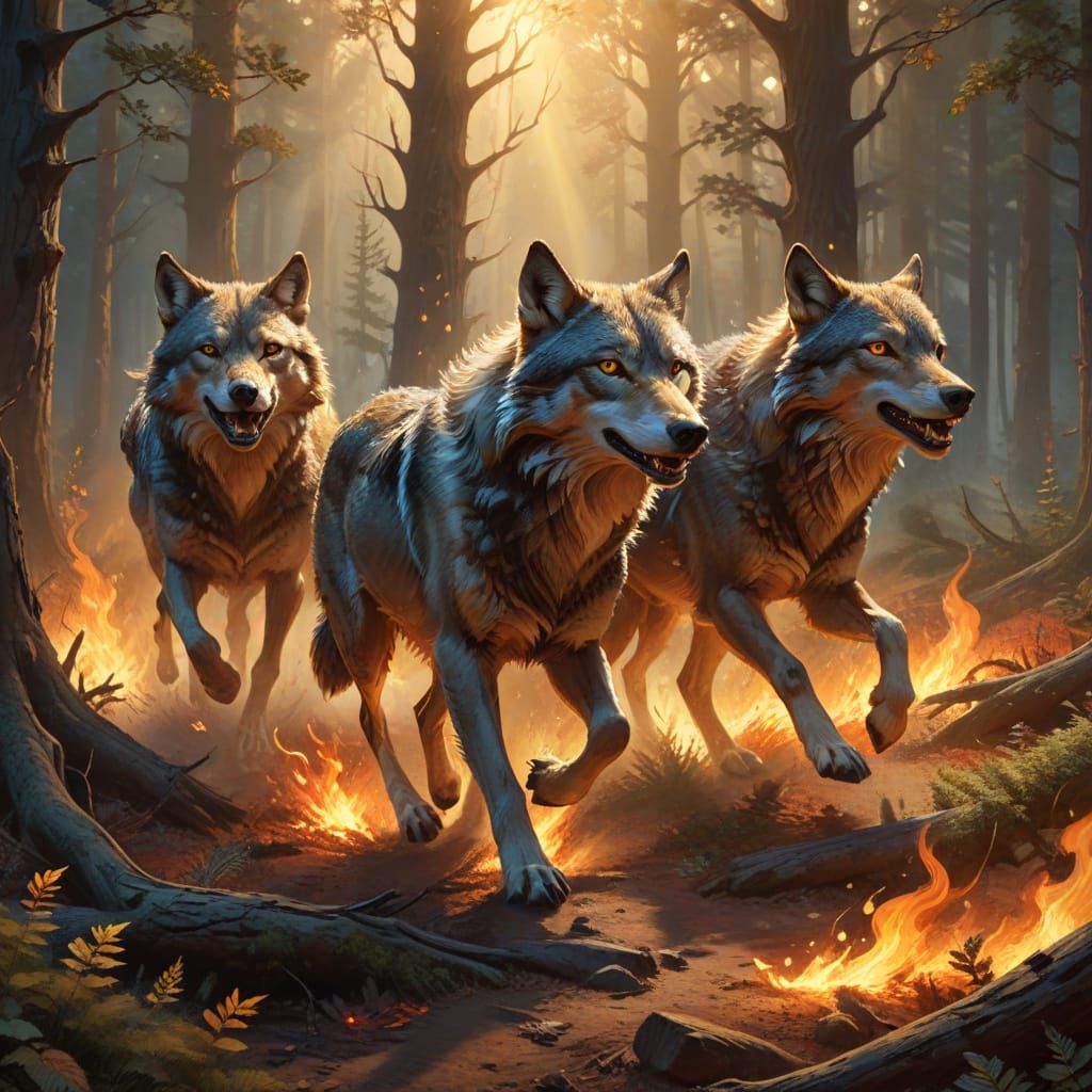 Wolves and Deer Fleeing Forest Fire, Oil Painting
