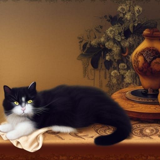 Fluffy Cat Sleeping, Renaissance Style Still Life