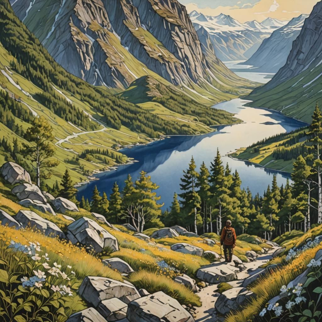 Norwegian Mountain Landscape in Hyperrealism Style