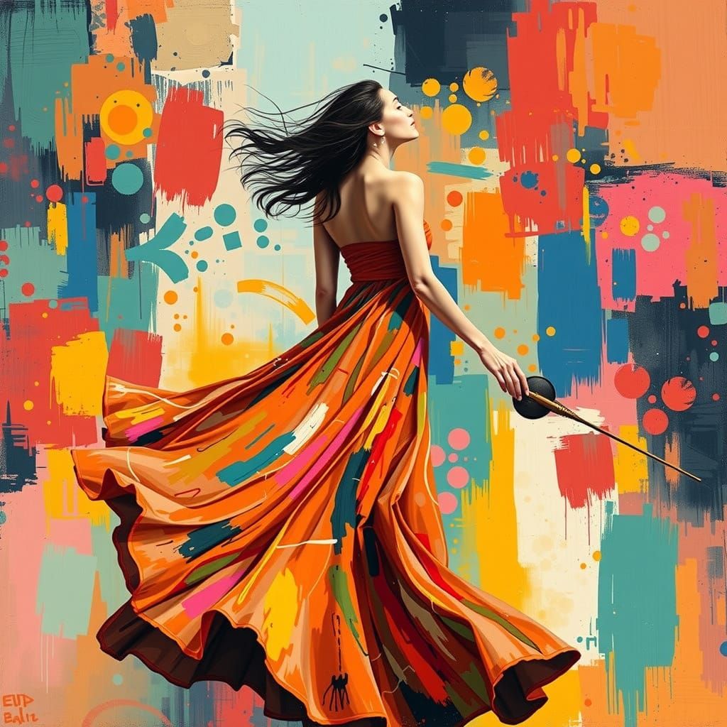 Woman in Vibrant Dress with Abstract Patterns