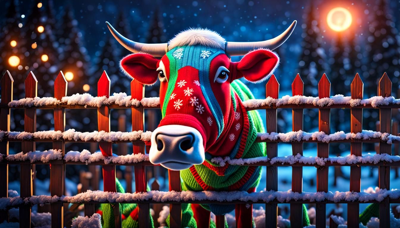 Cow Decorates Fence in Ugly Christmas Sweater