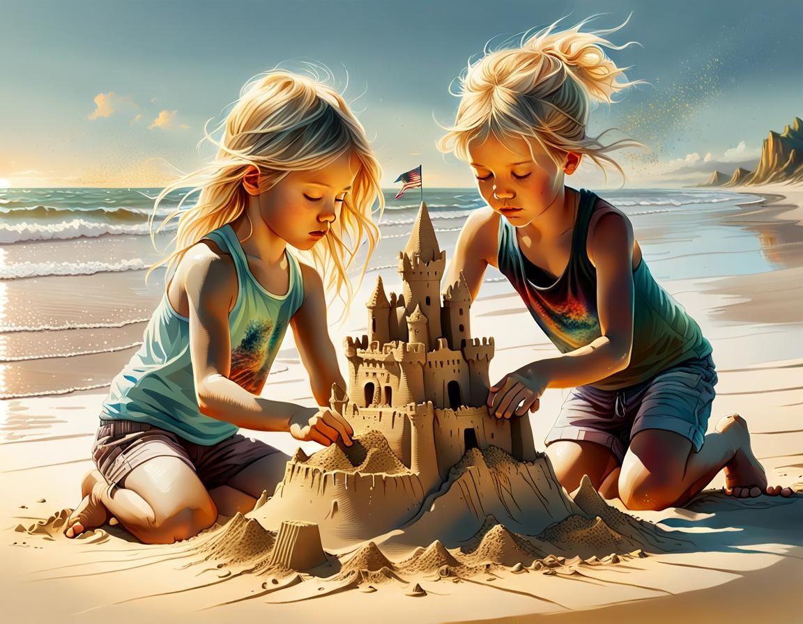 Blonde Siblings Build Sandcastle: Hyper-realistic Digital Ar...