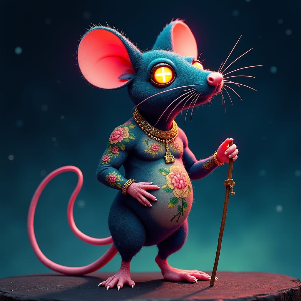 Muscular Mouse in High Heels with Floral Tattoos