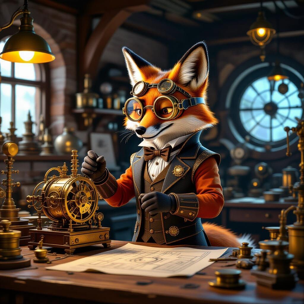 Steampunk Fox Inspects Clockwork in Brass Gear Workshop