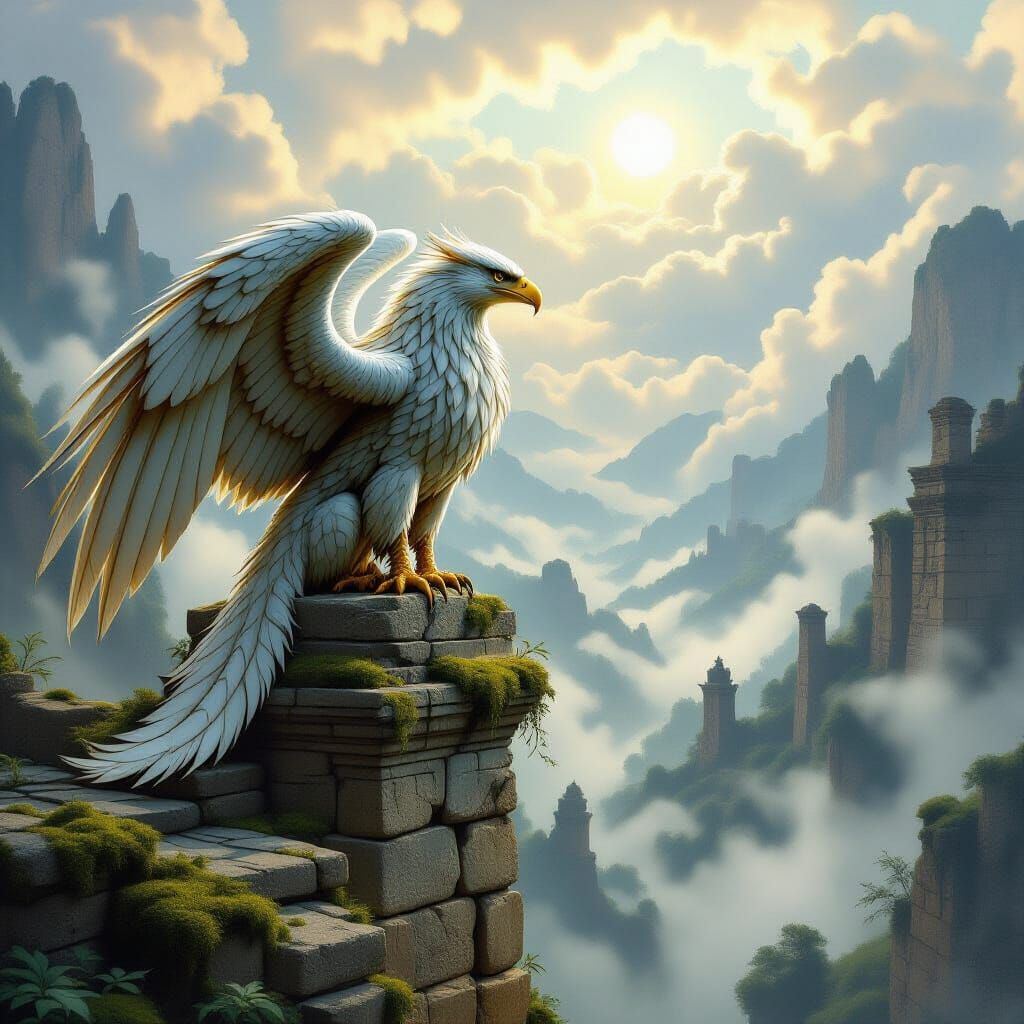 Majestic Griffin Over Valley in Classic Fantasy Style