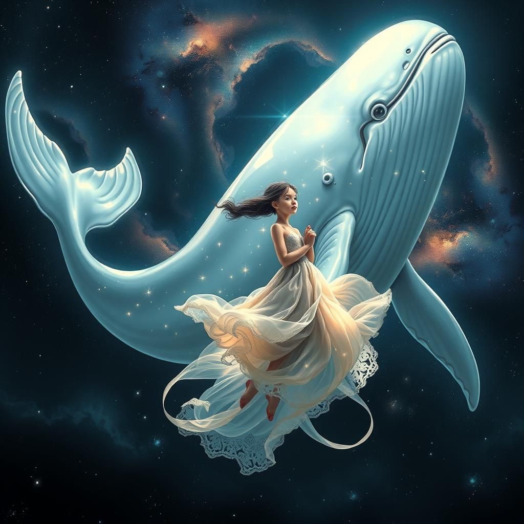 Ethereal Cosmic Whale with Girl in Space, Fantasy Art