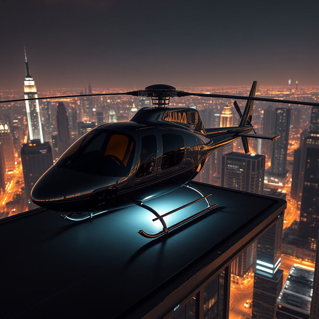 Helicopter on Rooftop Helipad at Night