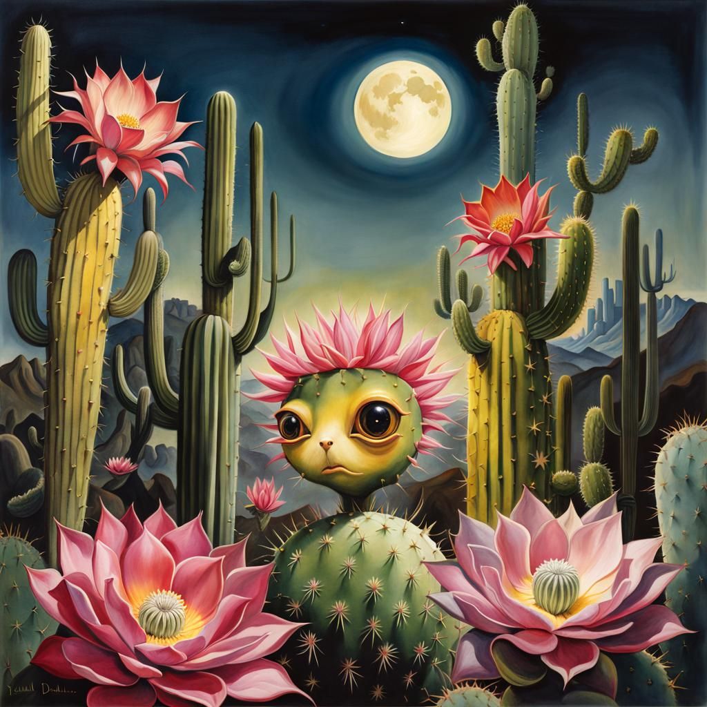 Surreal Blooming Cactus in Watercolor Style