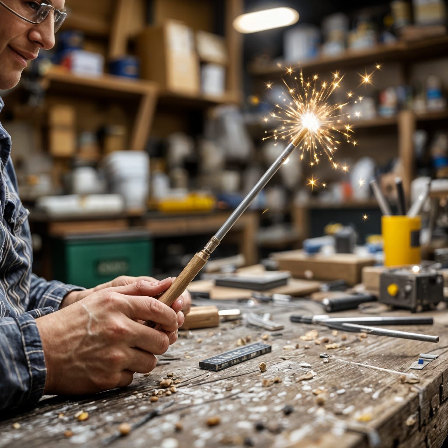 Magic Wand Tester in a Mystical Workshop