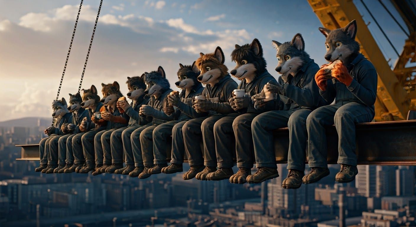Furry Workers Enjoy Breakfast on a Steel Beam