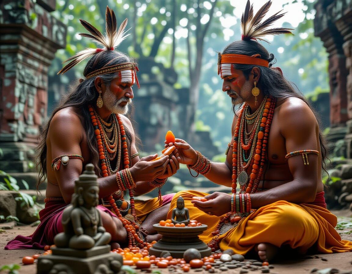 Indian Shaman Offering to Carnelian Statue