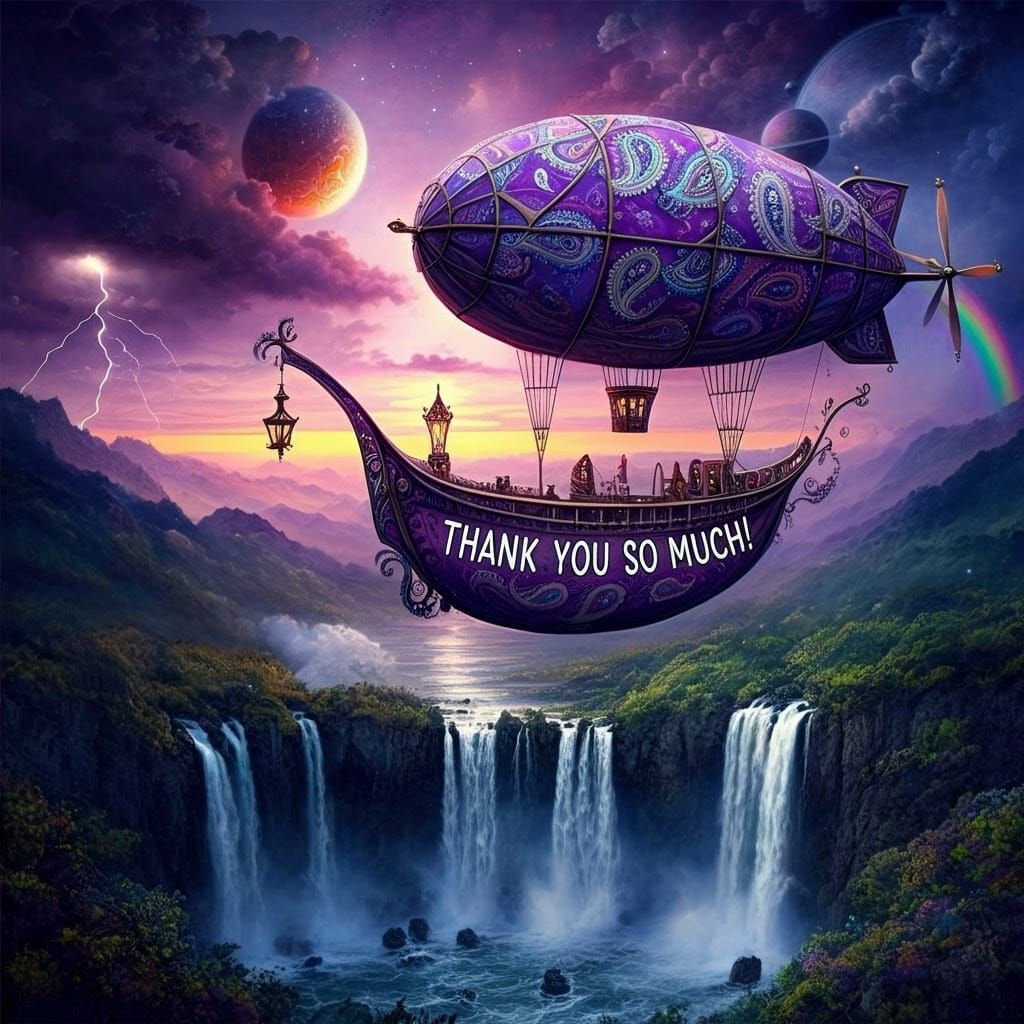 Mystical Indigo Fantasy Airship in Whimsical Cosmic Landscap...