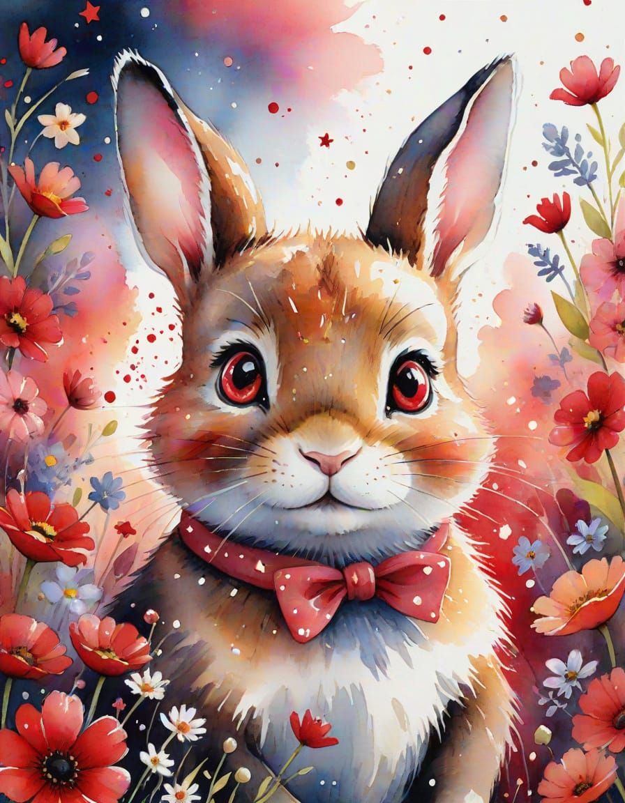Watercolor Bunny with Radiant Red Glow