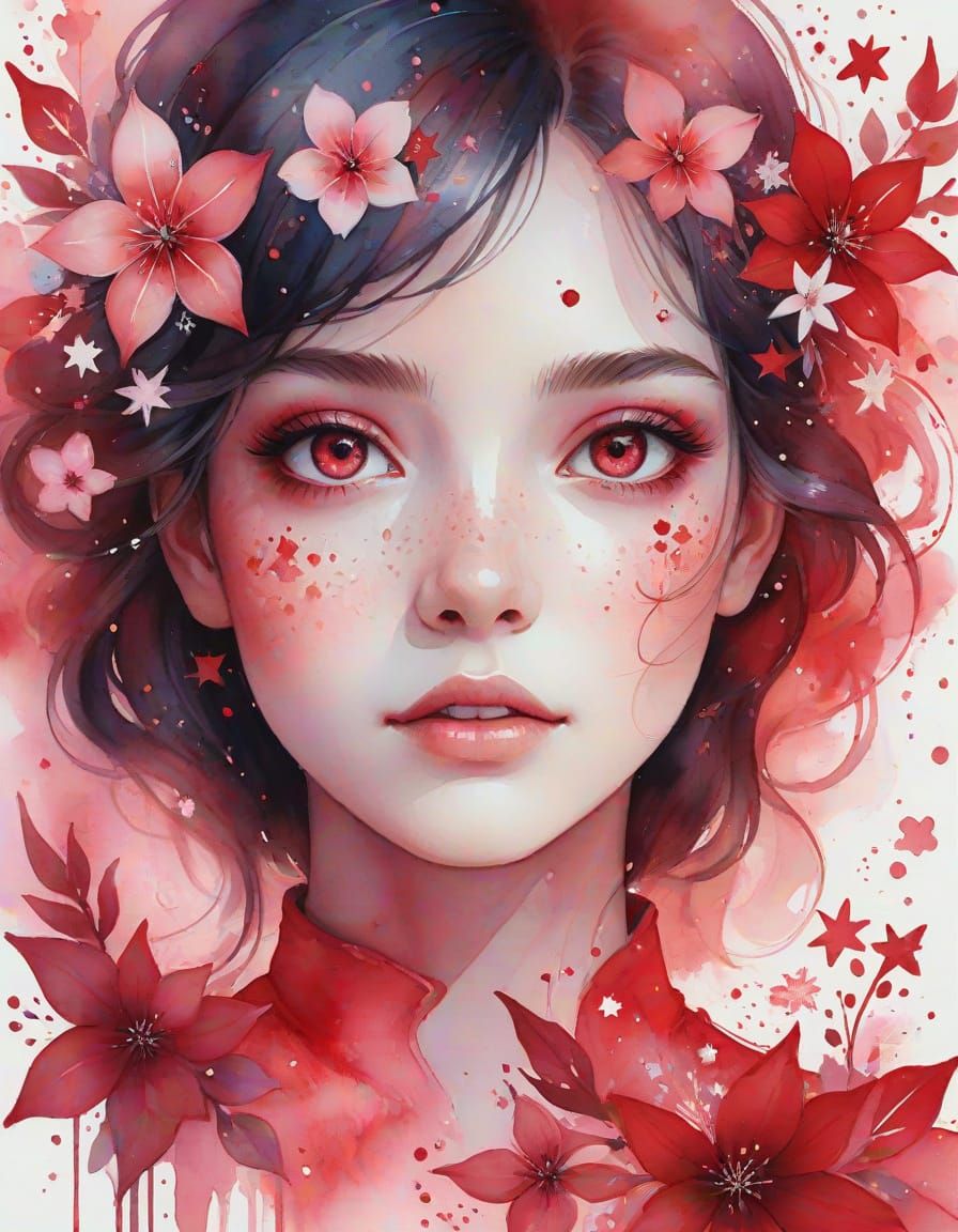 Whimsical Ruby-Eyed Portrait in Watercolor Style