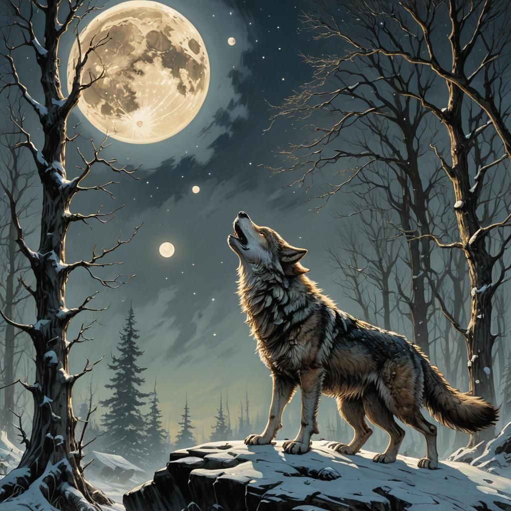 Wolf Howling at Moon, Comic Book Art