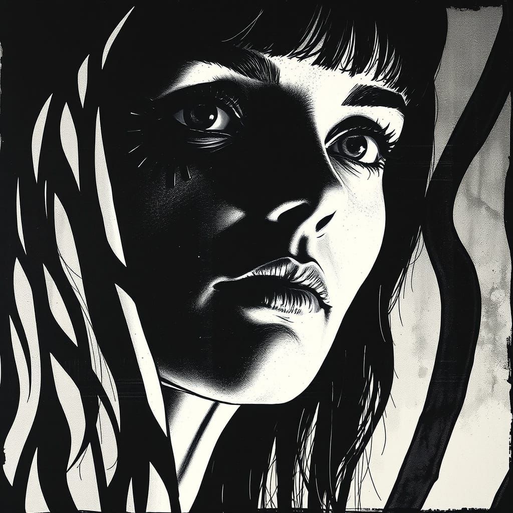 Goth Zebra Print Portrait in Moody Inkwash Style