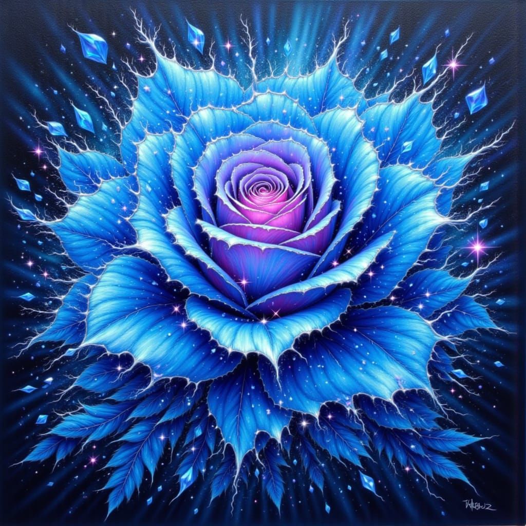 Sparkling Blue Rose in Neo-Impressionist Style