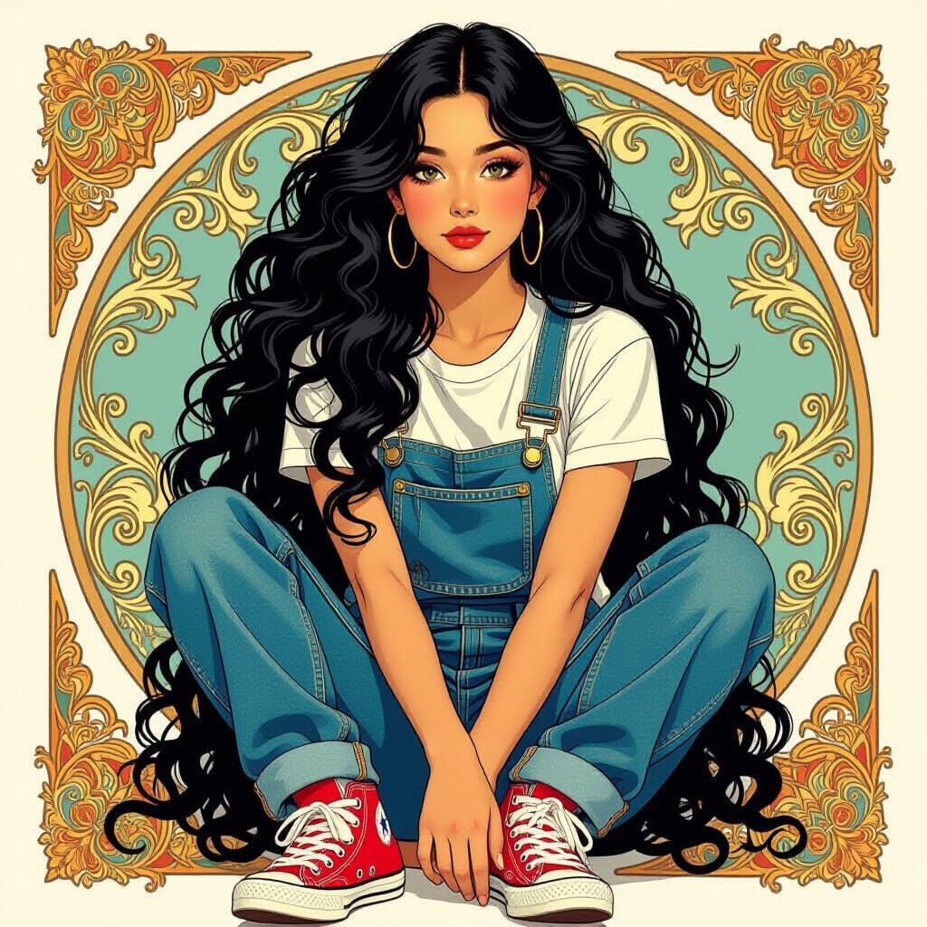 Young Woman in Denim Overall, Art Nouveau Style