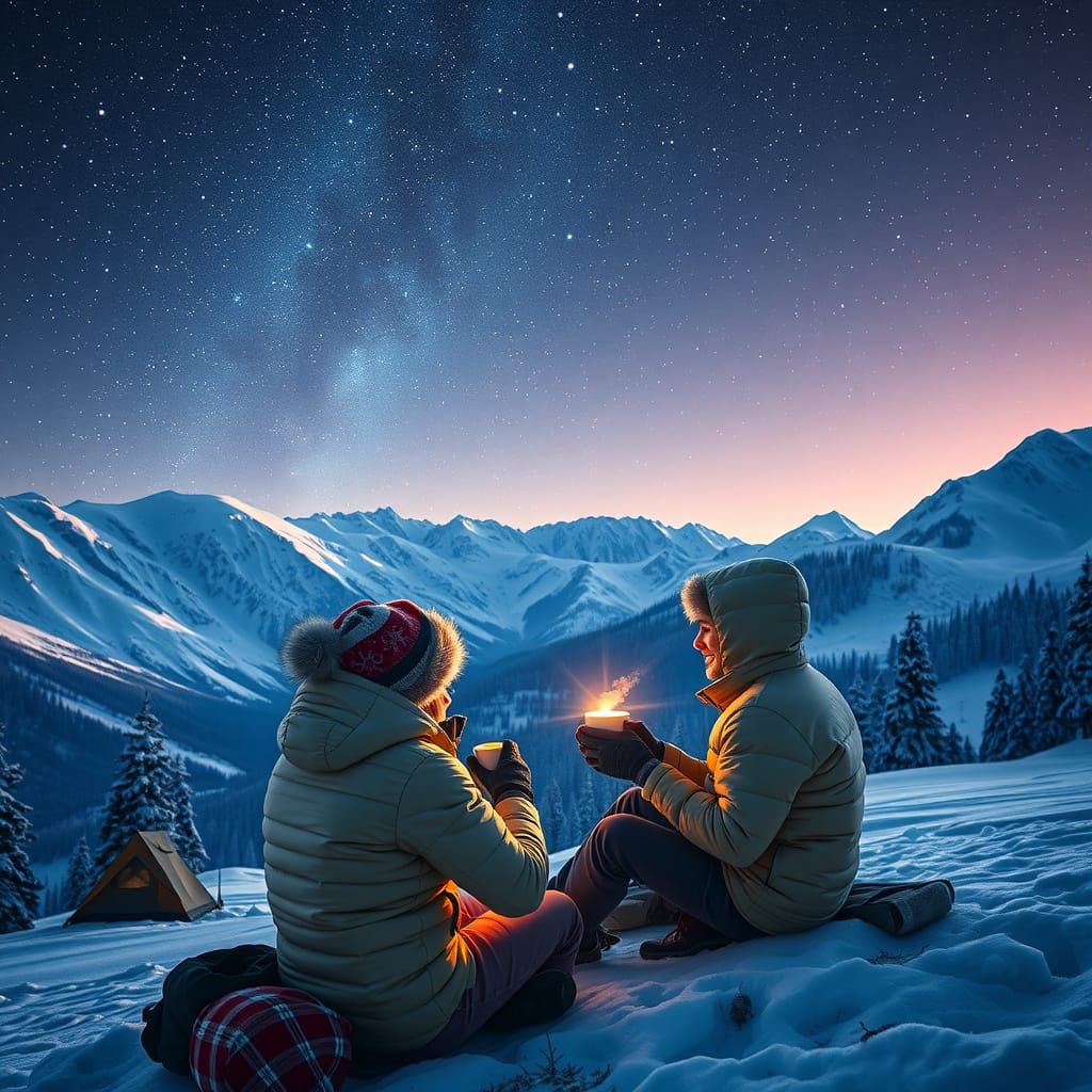 Winter Camping Scene Under Starry Skies in 8K Resolution