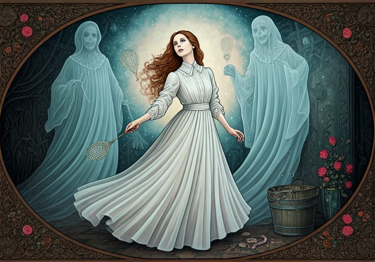 Edwardian Woman Playing Badminton with Ghosts