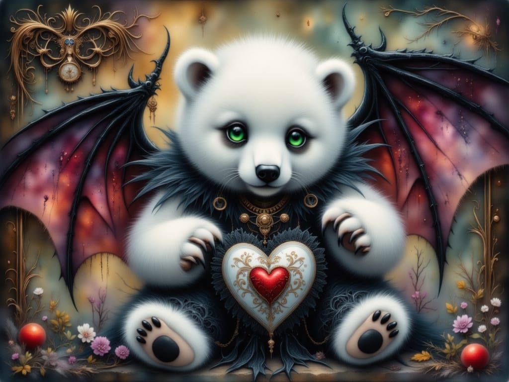 Demonic Polar Bear with Black Heart, Surrealist Oil Painting