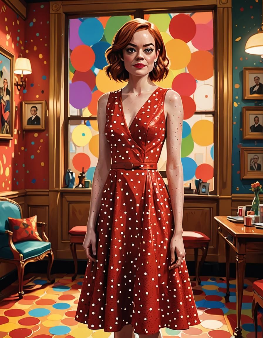 Pixar-Style Caricature of Emma Stone in Red Dress