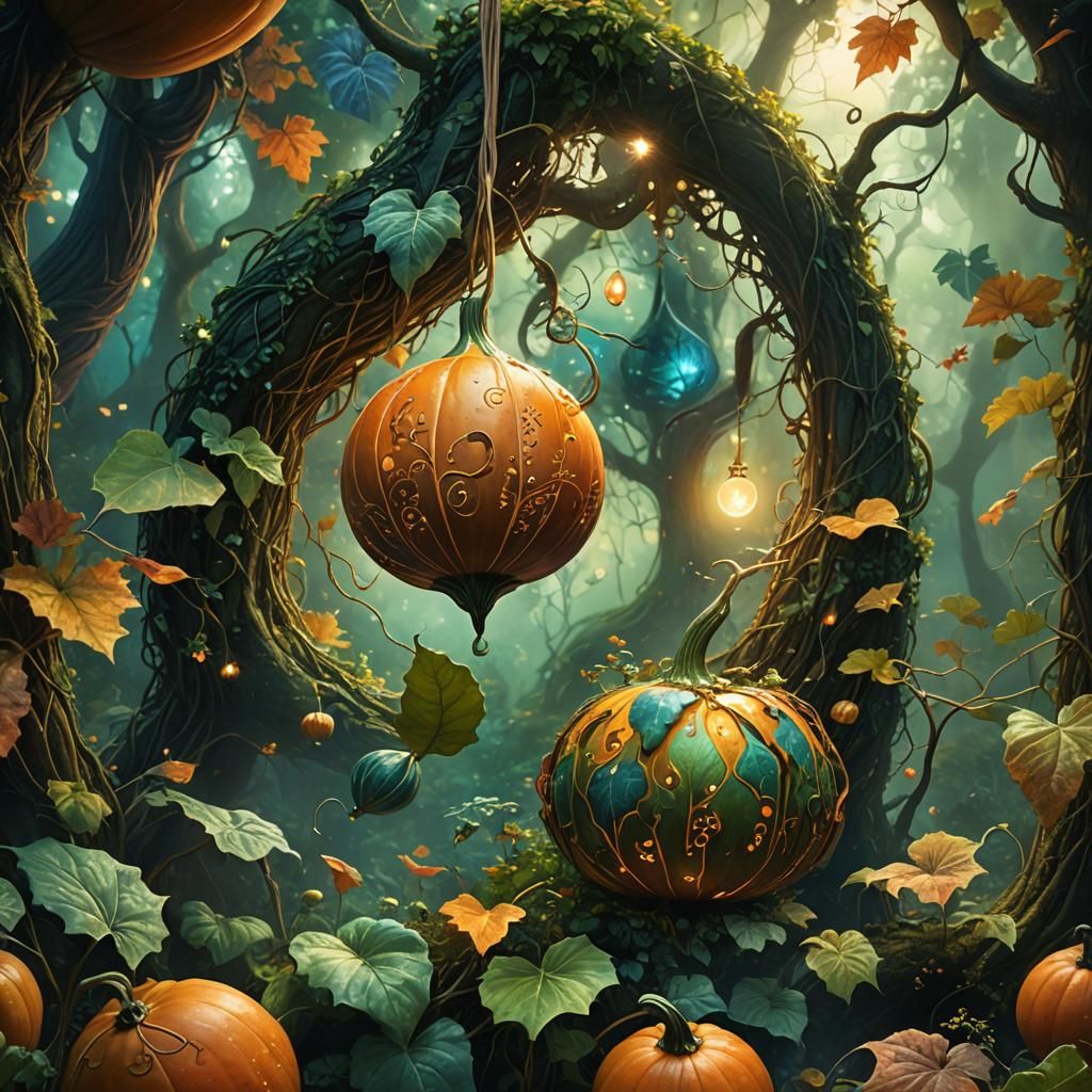 Mystical Gourd Floating in Enchanted Forest
