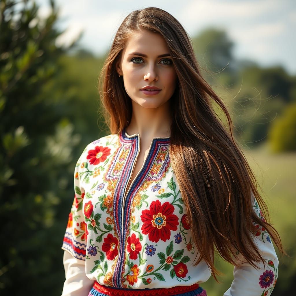 Young Woman in Vibrant Ukrainian Embroidered Shirt on Sunny ...