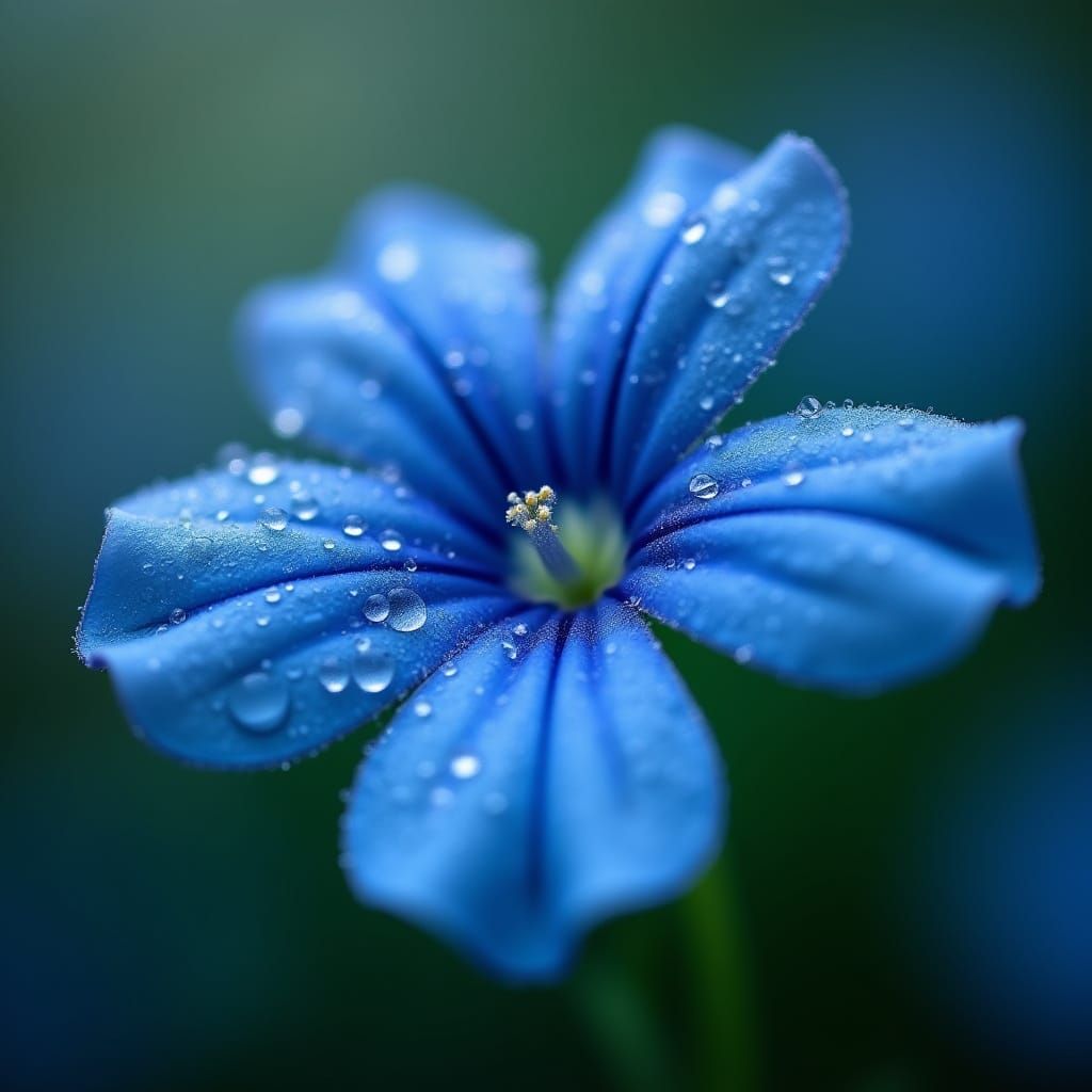 Blue Flower Macro with Dew and Bokeh