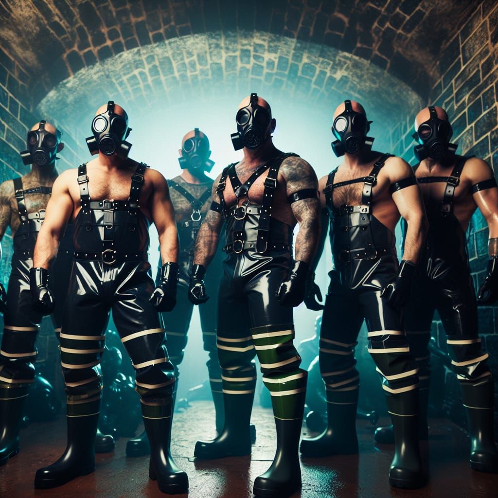 Figures in Protective Gear in Archaic Dungeon