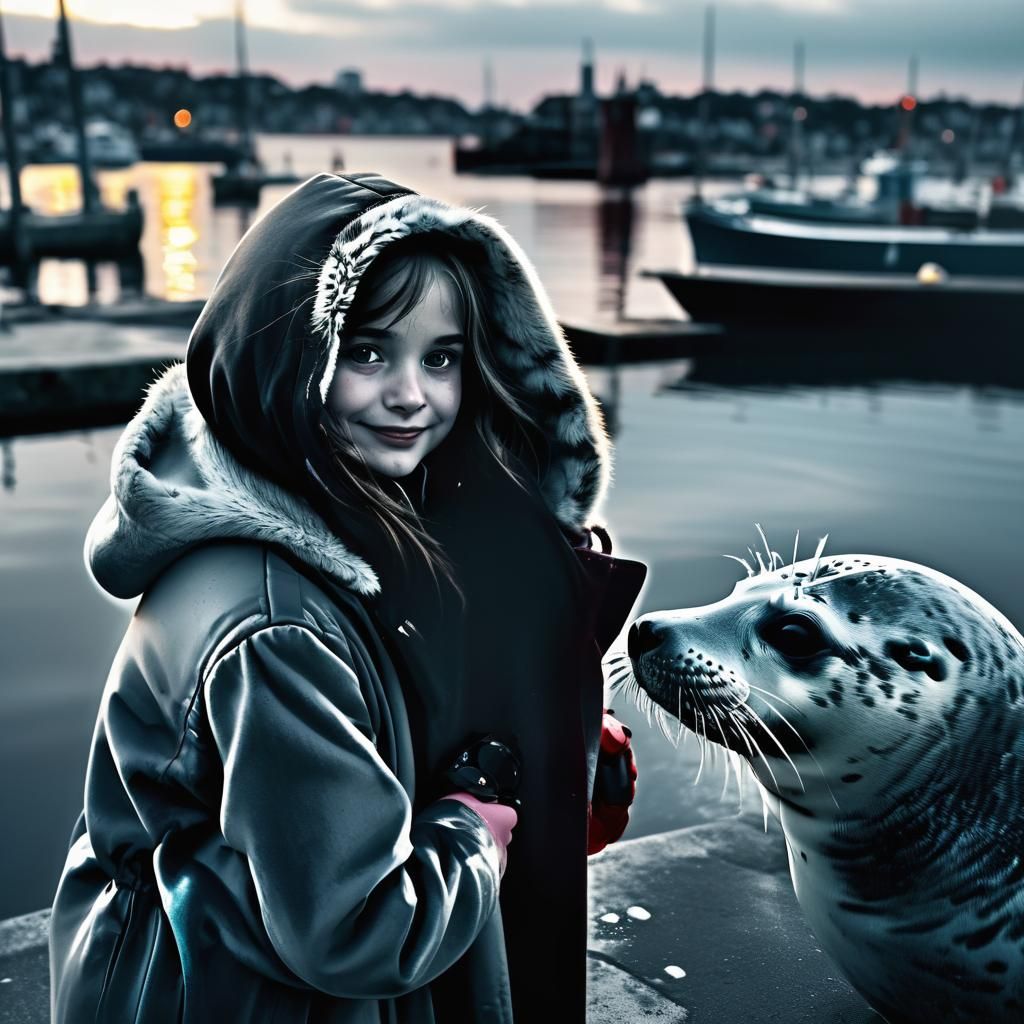 Film Noir: Girl and Seal in Sinister Harbor
