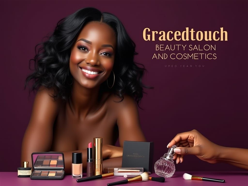 Stunning African Beauty Queen Surrounded by Cosmetics and Be...