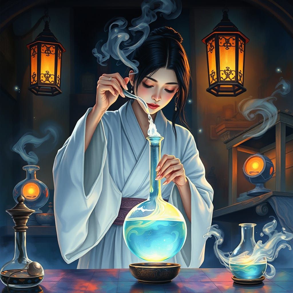 Mystical Alchemist in a Lantern-Lit Laboratory